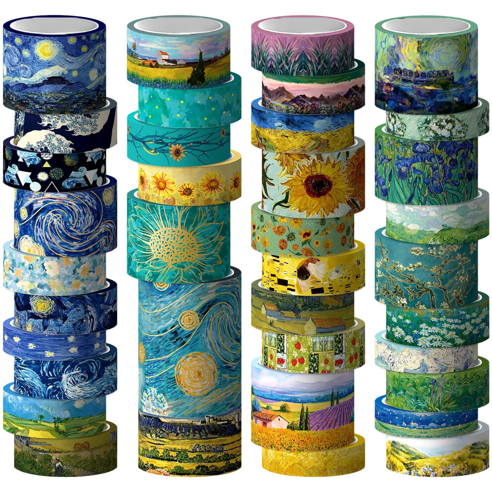 Van Gogh Washi Tape Set, 36 Rolls Vintage Watercolor Masking Tapes with Gold Foil, Aesthetic Decorative Tape Journaling, Scrapbooking Supplies, DIY