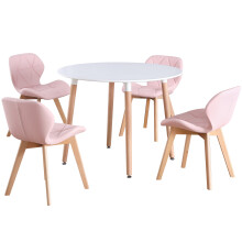 (White Table & Pink PU Chairs) Charles Jacobs Round 4 Seat Dinner Table & Chair Circular Scandi Set for Nordic Kitchen Dining