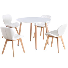 (White Table & White PU Chairs) Charles Jacobs Round 4 Seat Dinner Table & Chair Circular Scandi Set for Nordic Kitchen Dining