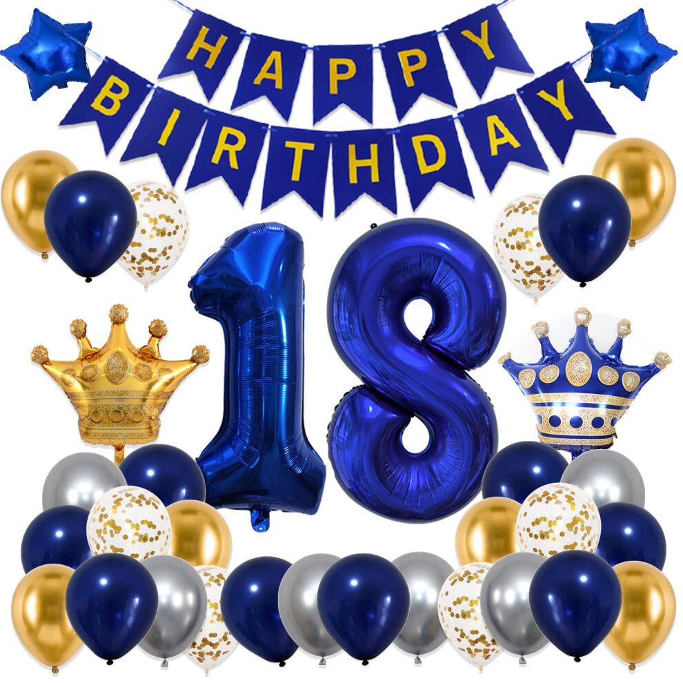 18th Birthday Decorations for Boys Girls,Blue 18th Birthday Party Decorations with Happy Birthday Banner,Number Balloons,Star Foil,Confetii and Latex