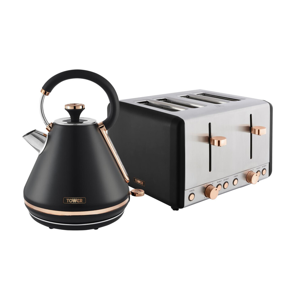 Tower Cavaletto Kitchen Set, 1.7L Rapid Boil Kettle & 4 Slice Toaster, Black and Rose Gold, T10044RG, T20051RG