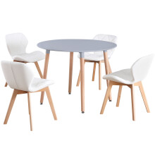 (Grey Table & White PU Chairs) Charles Jacobs Round 4 Seat Dinner Table & Chair Circular Scandi Set for Nordic Kitchen Dining