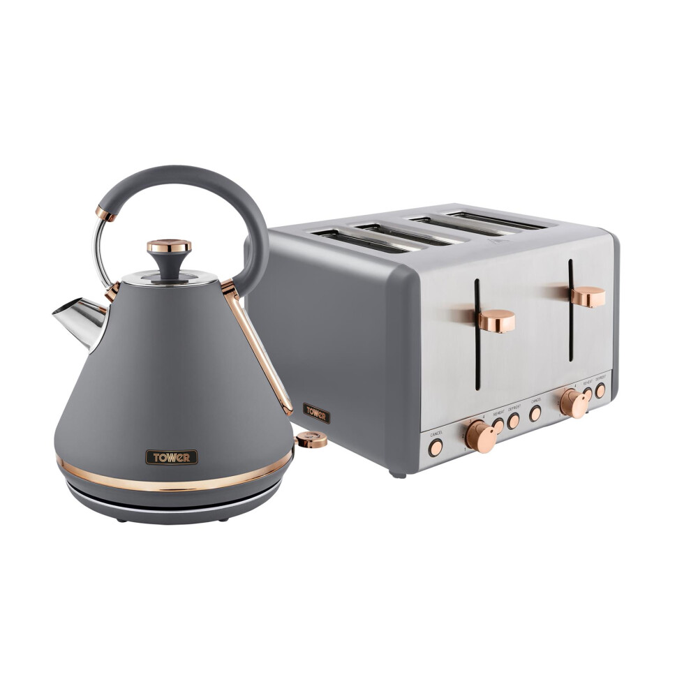 Tower Cavaletto Kitchen Set, 1.7L Rapid Boil Kettle & 4 Slice Toaster, Grey and Rose Gold, T10044RGG, T20051RGG