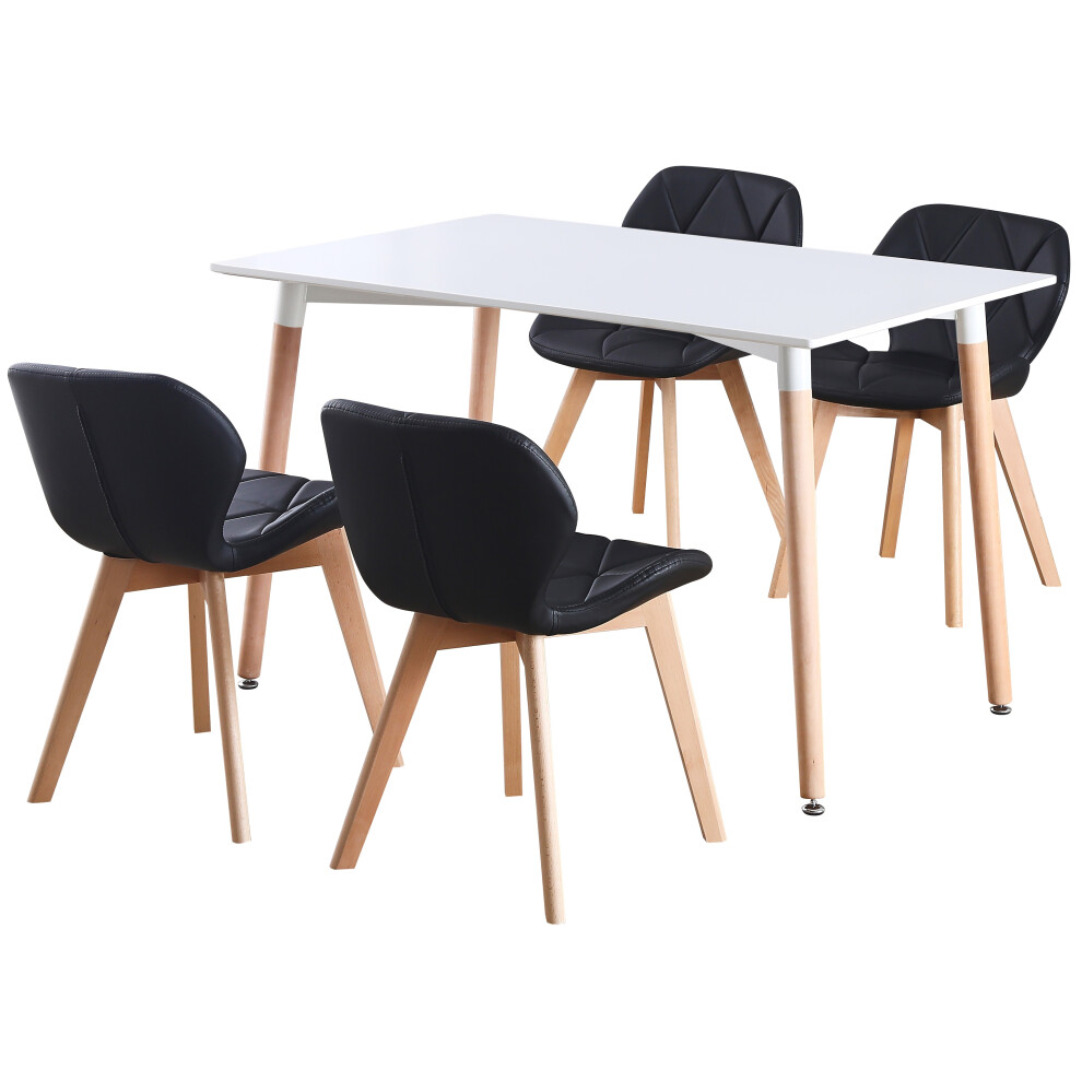 (White Table & Black PU Chairs) Charles Jacobs Rectangular 4 Seat Dinner Table & Chair Scandi Set for Nordic Kitchen Dining