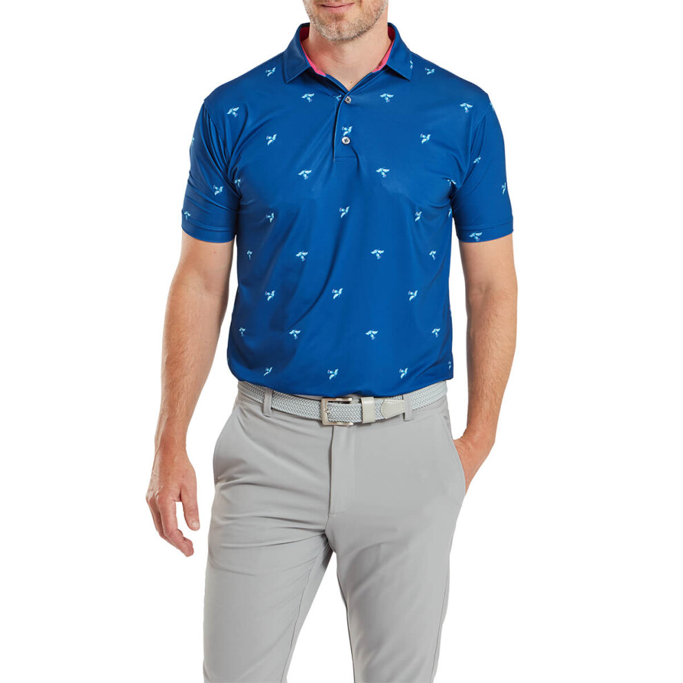 (L, Deep Blue) FootJoy Mens 2024 Thistle Print Four Way Stretch Lisle Golf Polo Shirt