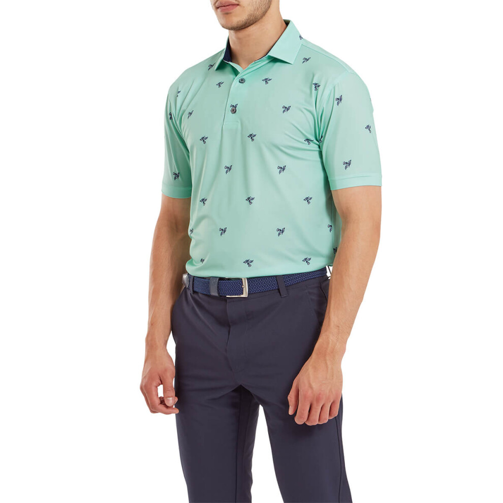 (M, Sea Glass) FootJoy Mens 2024 Thistle Print Four Way Stretch Lisle Golf Polo Shirt