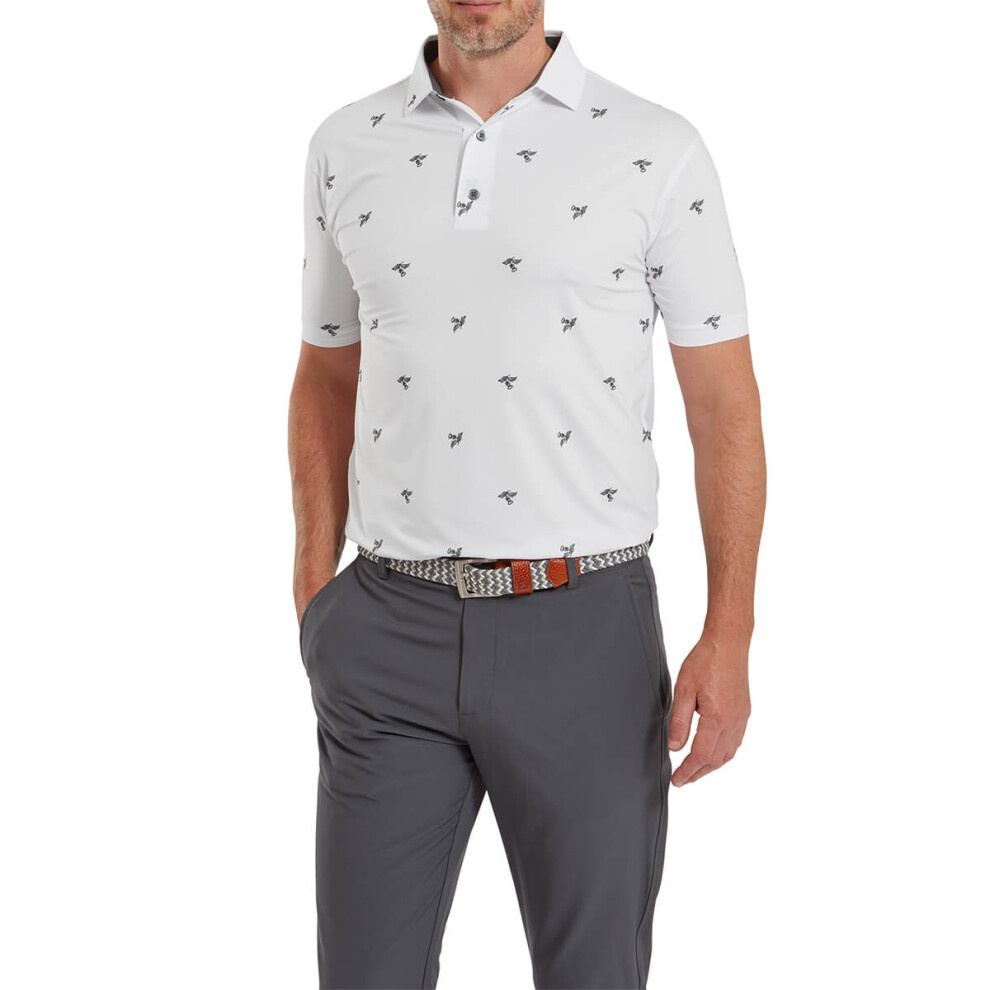 (L, White) FootJoy Mens 2024 Thistle Print Four Way Stretch Lisle Golf Polo Shirt