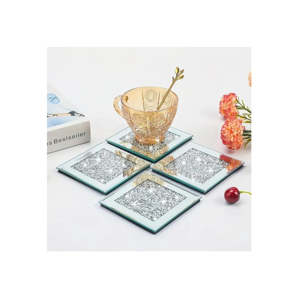 Set of 4 Square Glass Silver Mirror Coasters 10cm Acrylic Dining Table