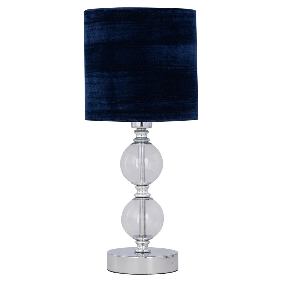 Chrome Two Ball Table Lamp with Navy Blue Crushed Velvet Shade