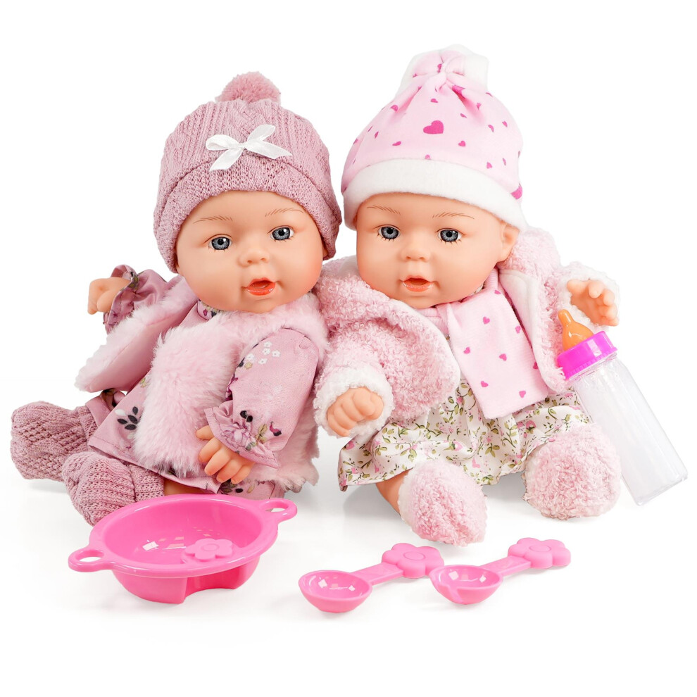 BiBi Doll 10" Twin Baby Girl Dolls Pink Clothes Feeding Set & Magic Bottle Toy