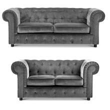 (Grey, 3 & 2 Seater) Ashbourne Chesterfield Plush Velvet Sofa Suite
