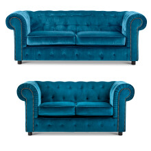 (Indigo, 3 & 2 Seater) Ashbourne Chesterfield Plush Velvet Sofa Suite