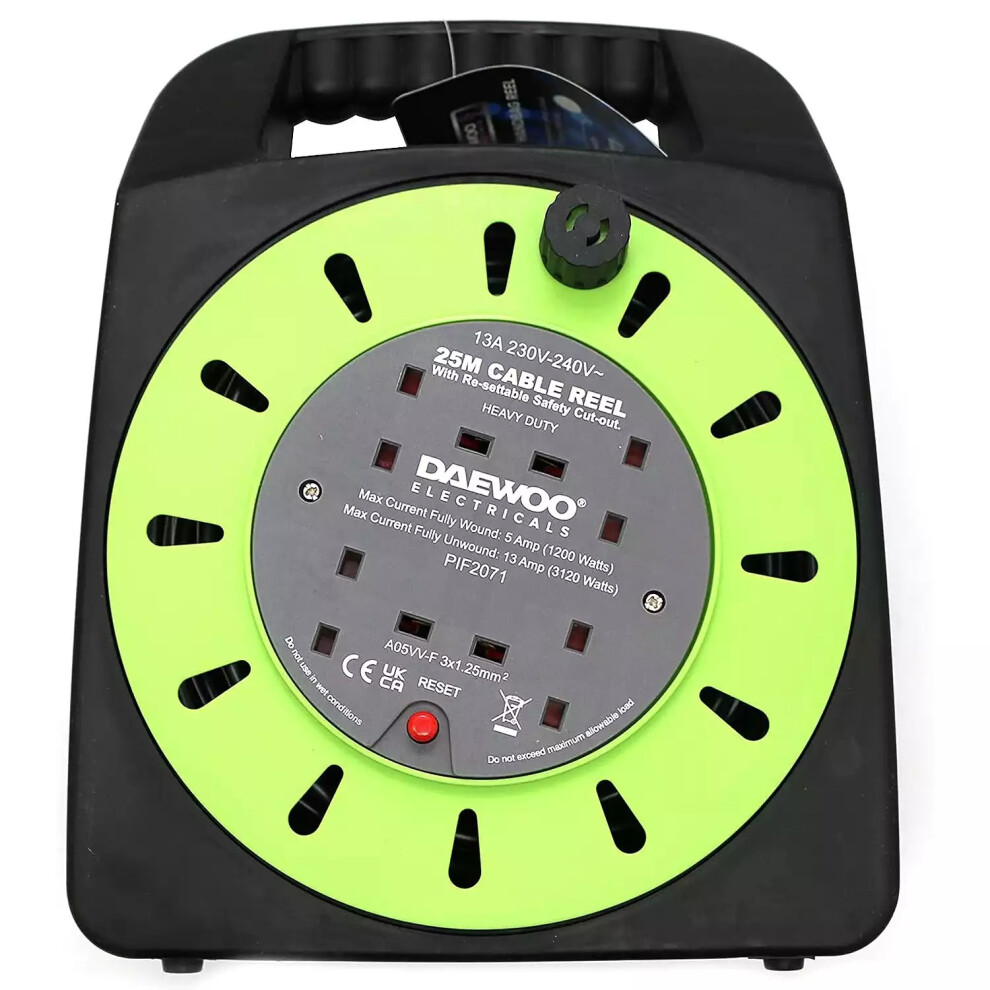 25M Daewoo Mains Power Extension Cable Reel 4 Socket/Freestanding-Green/Heavy Duty