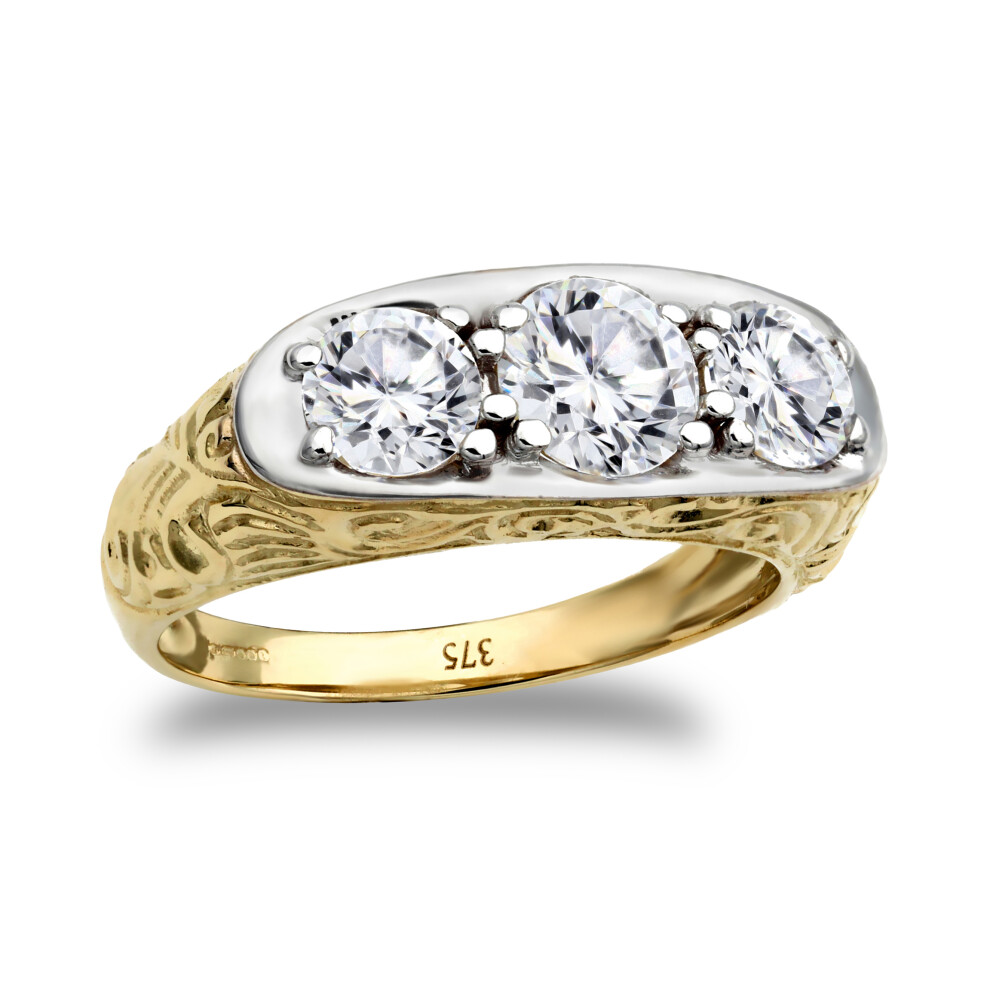 (R) Jewelco London Men's 9ct Yellow and White Gold White Round Cubic Zirconia 3 Stone Trilogy Carved Gypsy Ring - JRN198