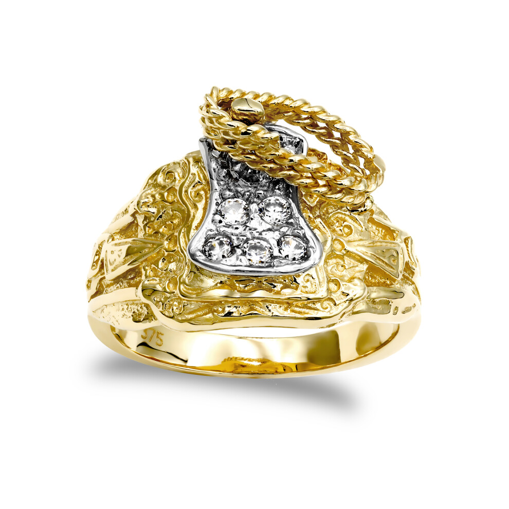 (Q) Jewelco London Men's Solid 9ct Yellow Gold White Round Brilliant Cubic Zirconia Horse Saddle Rope Ring - JRN054A
