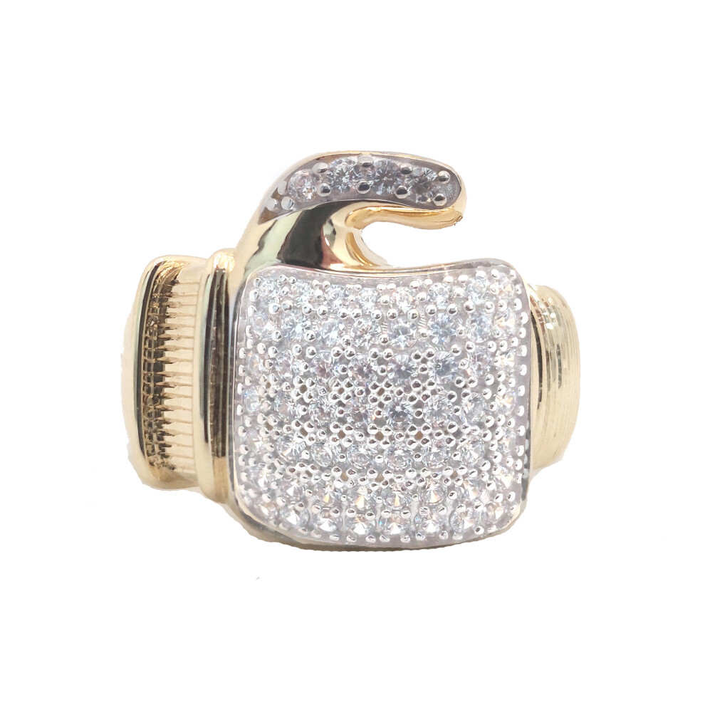 (Z2) Jewelco London Men's Solid 9ct Yellow Gold Cubic Zirconia Encrusted Thumbs Up MMA Sparring Boxing Glove Ring - JRN589