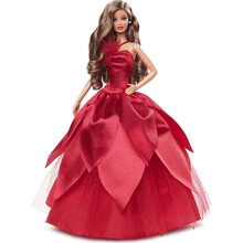 Barbie Signature 2022 Feiertags-Puppe, kastanienbraunes gewelltes Haar, rotes Poinsettia-Kleid