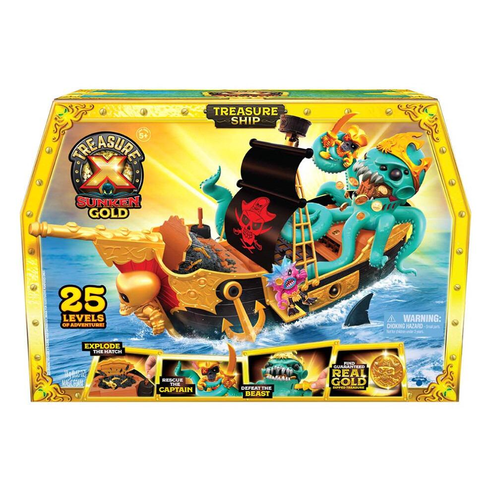 Treasure X Sunken Gold Treasure Ship Playset - 25 Levels of Adventure | Find Guaranteed Real Gold Dipped Treasure | Interactive Fun for All, Treasure