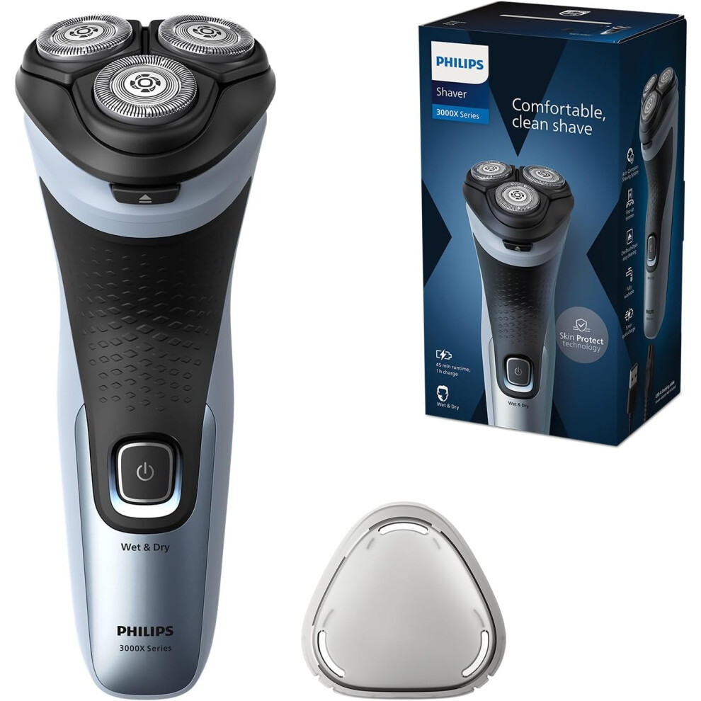 (NEW Series 3000X - Moon, USB-A) Men's Wet and Dry Electric Shaver (Sky Blue) with SkinProtect Technology, Pop-up Beard Trimmer, Ergonomic Men's Shaver