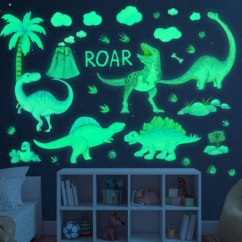 Sinekong Dinosaur Wall Decals Glow In The Dark Dinosaur Wall Stickers Watercolor Dionsaur Decal Large Removable Vinyl Dino Wall Decals For Boys Bedroom Kids G