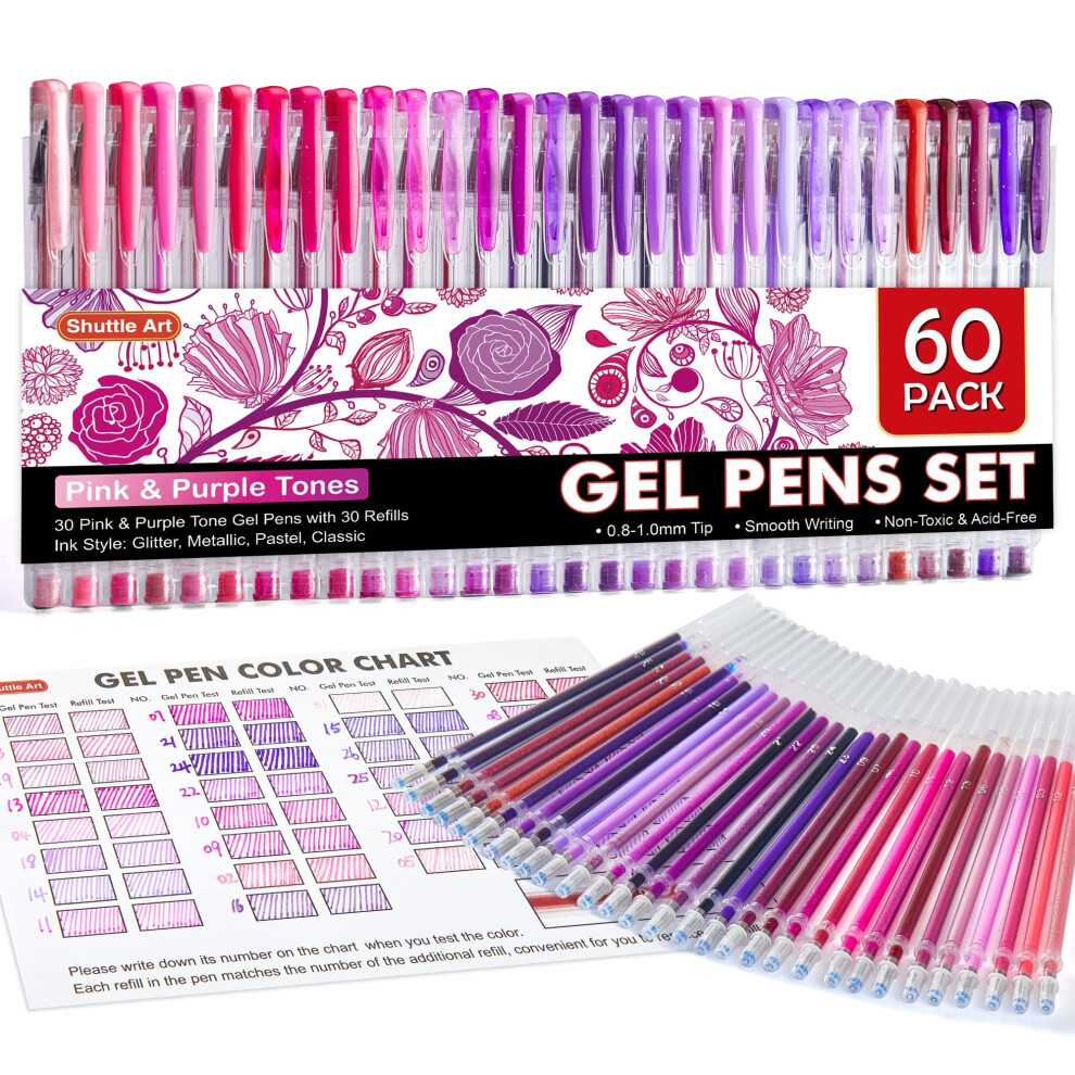 Shuttle Art 60 Pack Pink Purple Tone Gel Pens, 30 Pink Purple Gel Pens with 30 Refills for Adults Coloring Books Journaling Drawing Nature, Landscape