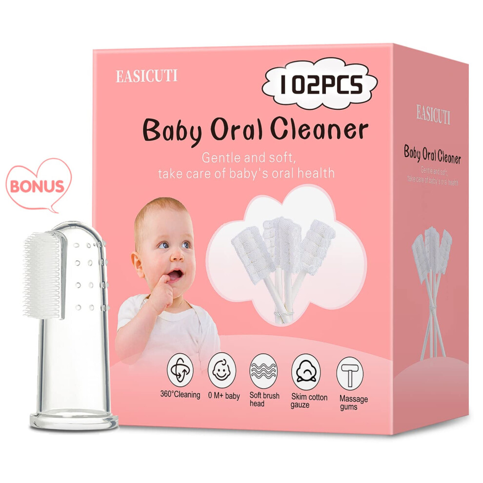 102Pcs Baby Tongue Cleaner,Baby Oral Cleaner Newborn Baby Toothbrush,Disposable Infant Toothbrush Clean Baby Mouth,Gauze Gum Cleaner Stick Dental Car Easicuti