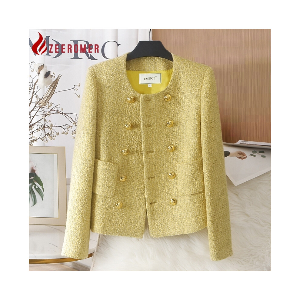 (M, Yellow) 2024 Autumn Winter French Luxury Tweed Jacket Coat Women O-Neck Long S