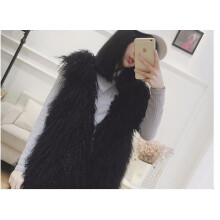 (L, Black) Winter Faux Beach Wool Fur Vest Girls Midi Long Fashion Lamb Wool Vest