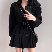 (One Size, black) SuperAen Korean Chic Retro Suit Collar Double Breasted Tie Up Waist Pl