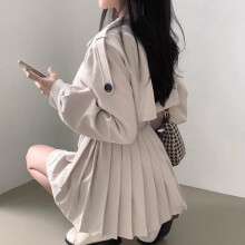 (One Size, Apricot) SuperAen Korean Chic Retro Suit Collar Double Breasted Tie Up Waist Pl