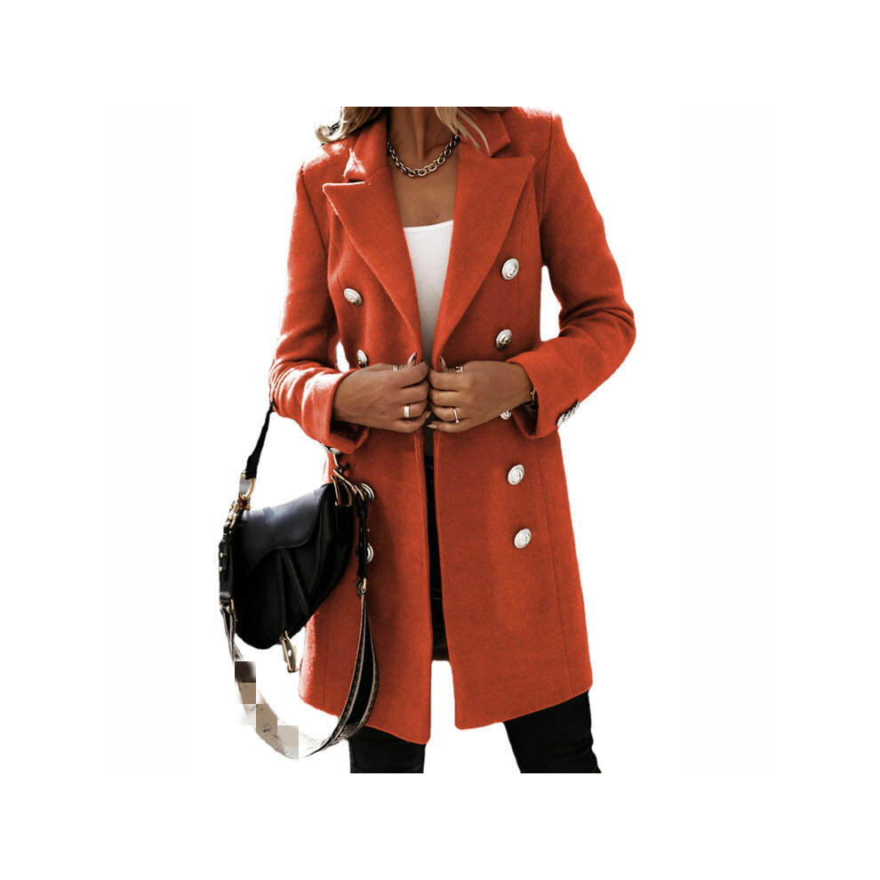 (L, Orange) Autumn Winter Women Lapel Trench Coat Long Sleeve Button Slim Mid-leng