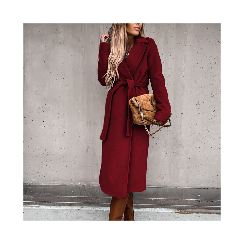 (S, Burgundy) Jocoo Jolee Autumn Winter Warm Long Women Woolen Coat with Belt Casual