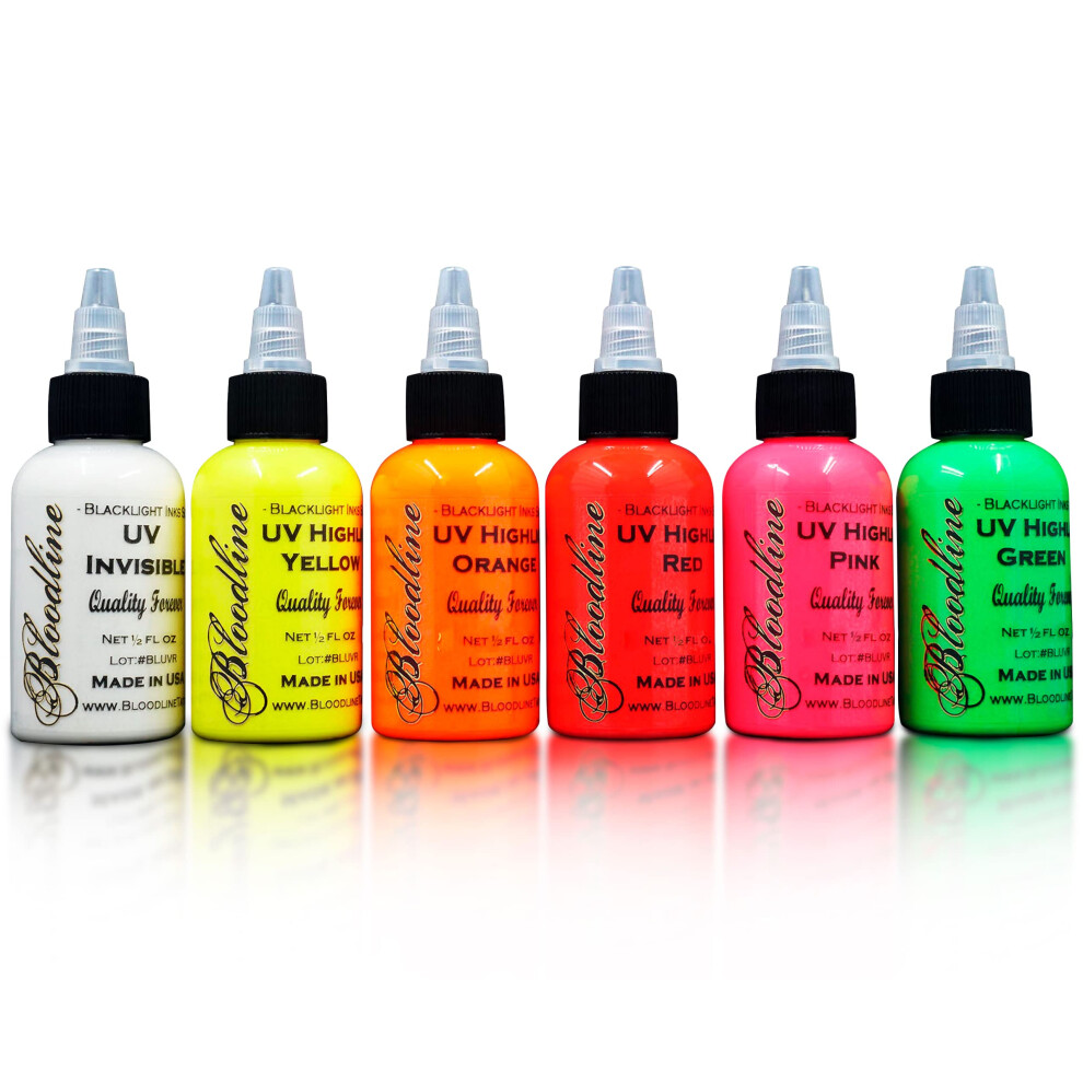 Bloodline Ink Professional Blacklight UV 6 Color Set - 1/2 oz (15 ml) - Highlight Series. Made in The U.S.A. Six Bright Fluorescent Inks for Your Vib