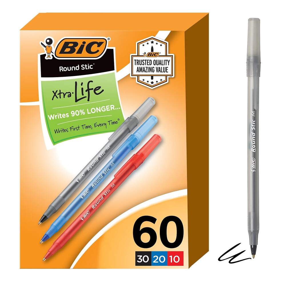 BIC Round Stic Xtra Life Assorted Ink Ballpoint Pens, Medium Point (1.0mm), 60-Count Pack of Bulk Pens, Flexible Round Barrel for Comfortable Writing