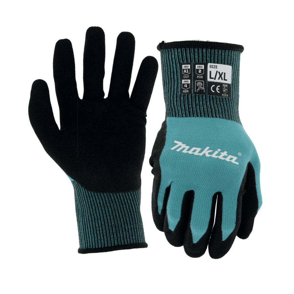 Makita Unisex Fitknit T 04123 FitKnit Cut Level 1 Nitrile Coated Dipped Gloves Large X Large, Teal/Black, Large X-Large US