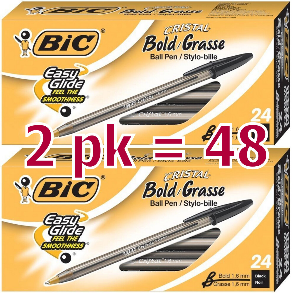 Bic Cristal Bold, 1.6 mm Ball Pen, Black - Pack of 48 (MSBP241-BKx2)