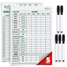 SWOOC Games - 5 Big Dry Erase Yardzee & Farkle Score Cards with 5 Markers (11.5in x 8in) | Large Laminated Reusable Pads & Pens for Giant Dice Games |