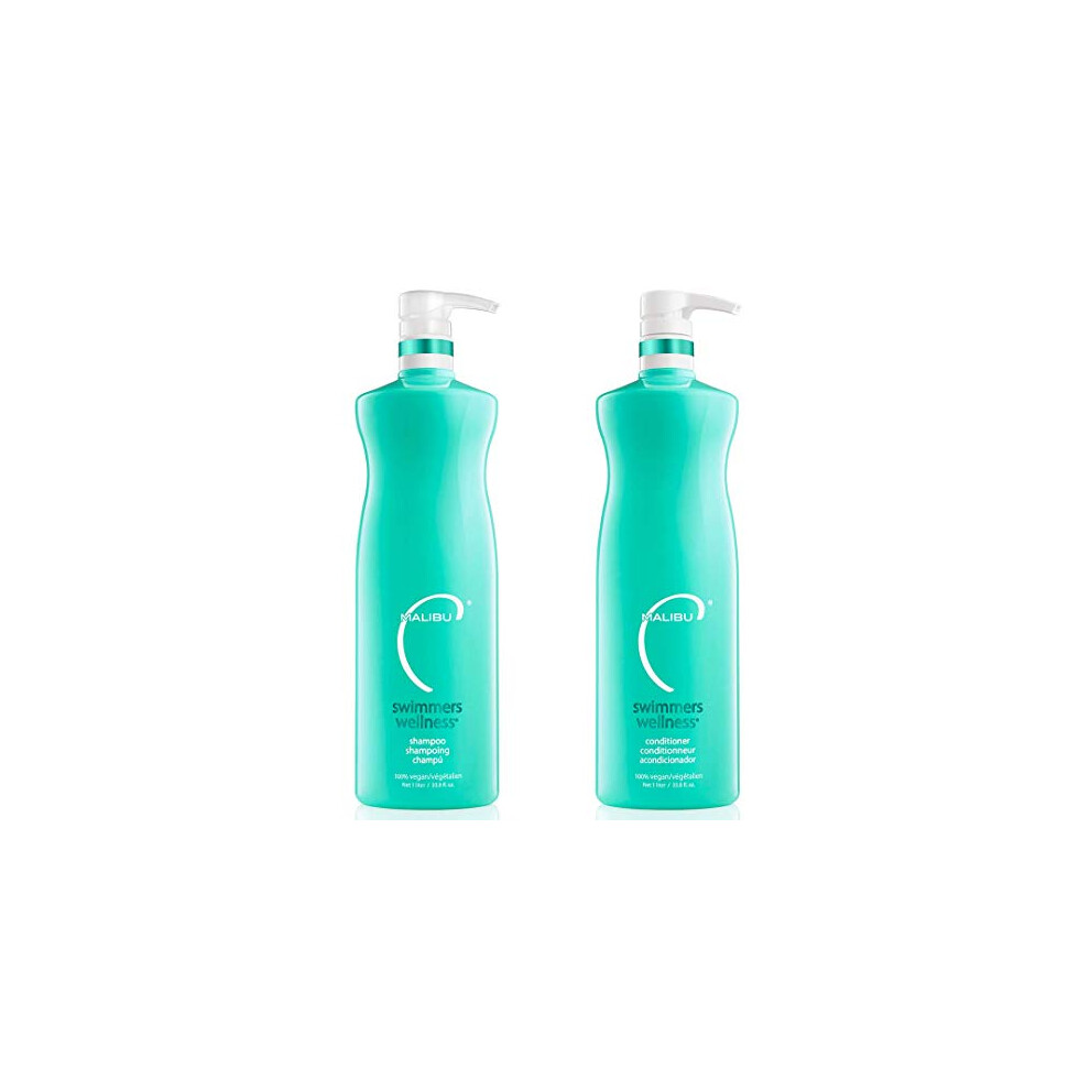 Malibu C Swimmers Wellness Shampoo & Conditioner Liter Set (33.8 oz) - Moisturizing Hair Care for Swimmers - Protects Against Chlorine Damage & Comba