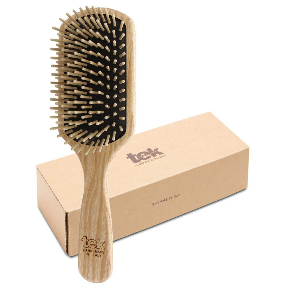 Tek - Large Rectangular Ash Wood Brush Handmade In Italy, With Short Tooth, For Medium-Long, Long And Straight Hair - 22 X 6.5 Cm