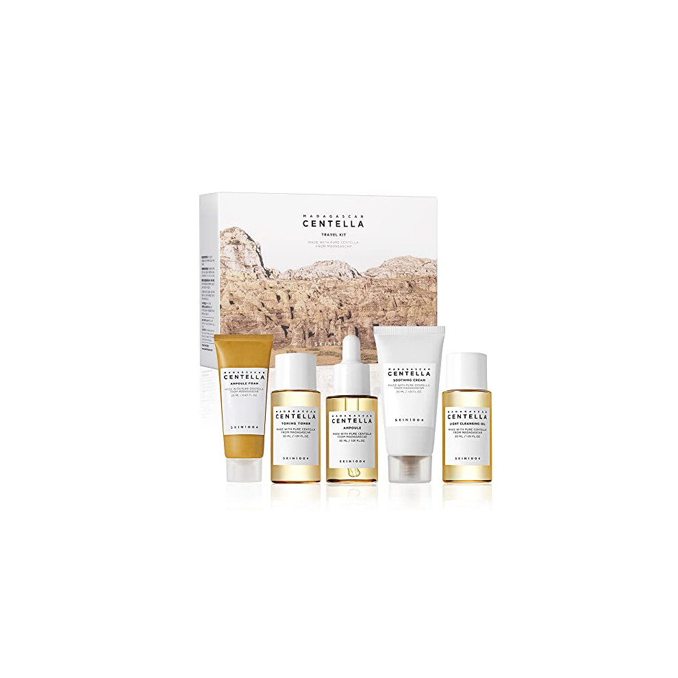 SKIN1004 Madagascar centella Travel Kit, Toner, Ampoule, Soothing cream, cleansing Oil, Ampoule Foam, Basic Skincare Box, compact Size, Soothing calm