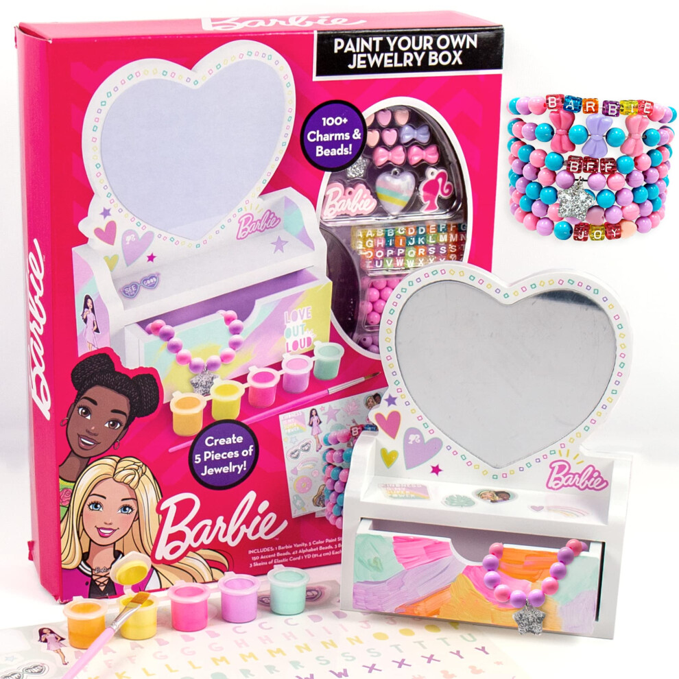 Barbie Paint Your Own Jewelry Box, Customize A Heart-Shaped Vanity & Jewelry Box with Acrylic Paints, Create 5 Pieces of Jewelry, 100+ Charms & Beads