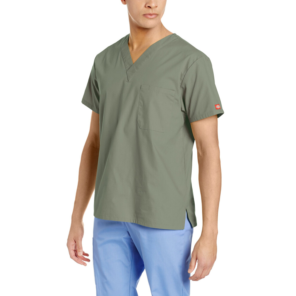 Dickies Mens Signature V-Neck Scrubs Shirt, Olive, Medium