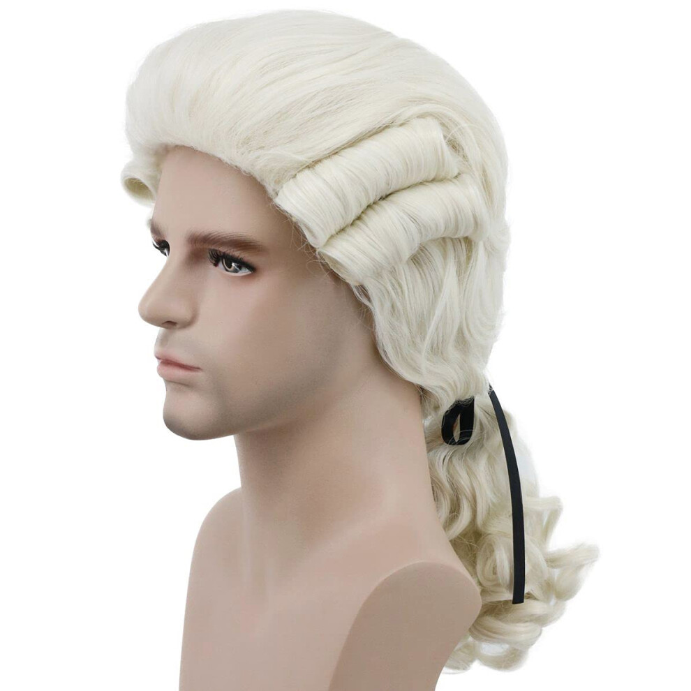 Karlery Unisex Cream Judge Colonial Wig Man Long Wave Beige Wig Washington Halloween Costume Cosplay Wig