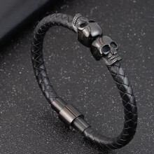 (19cm, color 2) Stainless Steel Cool Skull Braided Mens Leather Bracelet