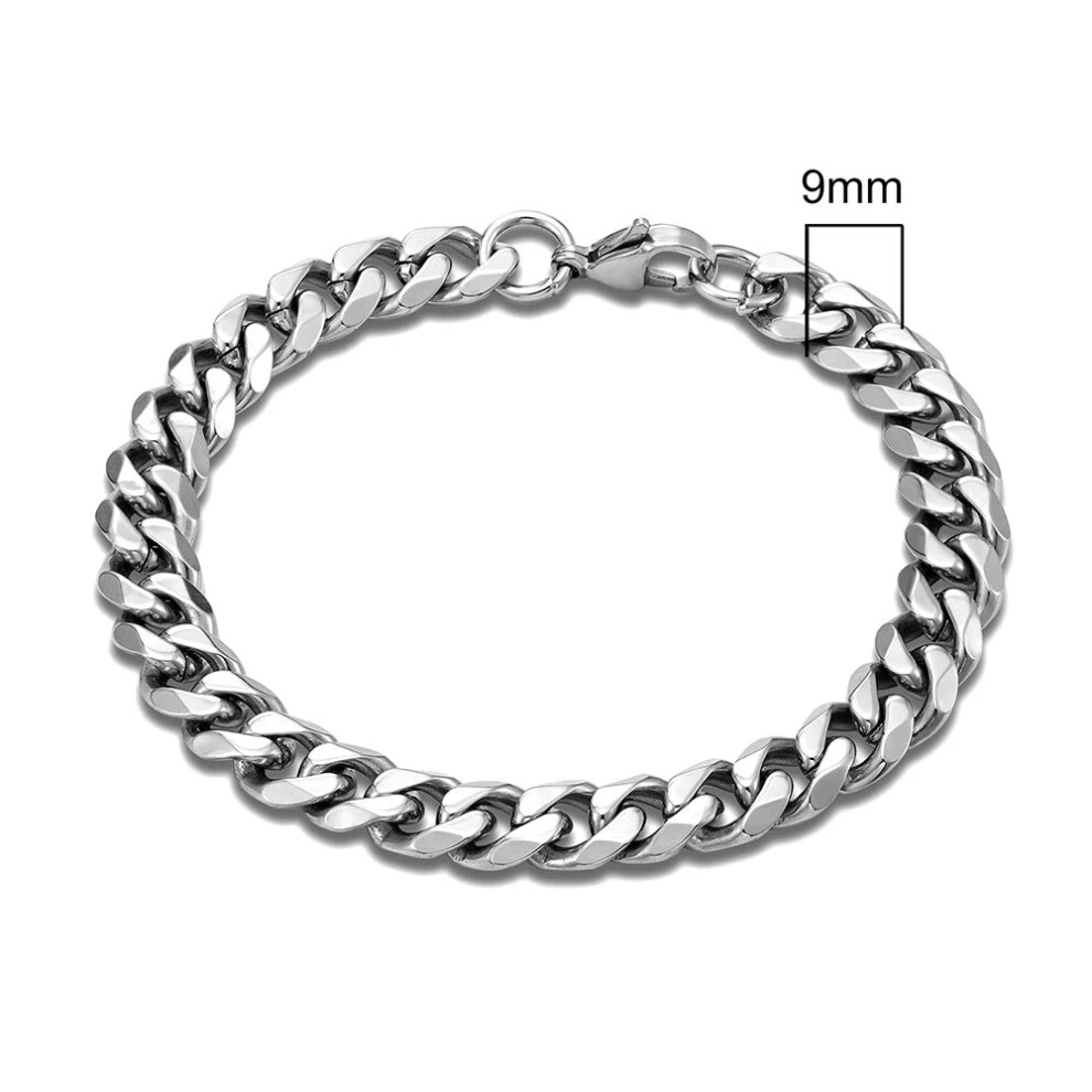 (19cm, 9mm) Mens Punk Rock Stainless Steel Curb Cuban Link Chain Silver Color Bracelet-image-OPC-PFDTCQF-NEW