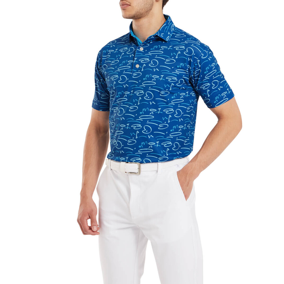 (XL, Deep Blue) FootJoy Mens 2024 Doodle Print Four Way Stretch Golf Course Polo Shirt