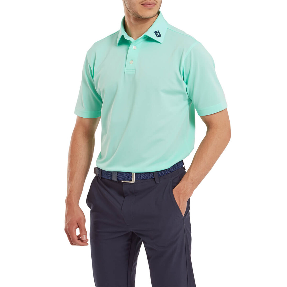 (S, Sea Glass) FootJoy Mens 2024 Stretch Fabric Moisture Wicking Pique Golf Polo Shirt