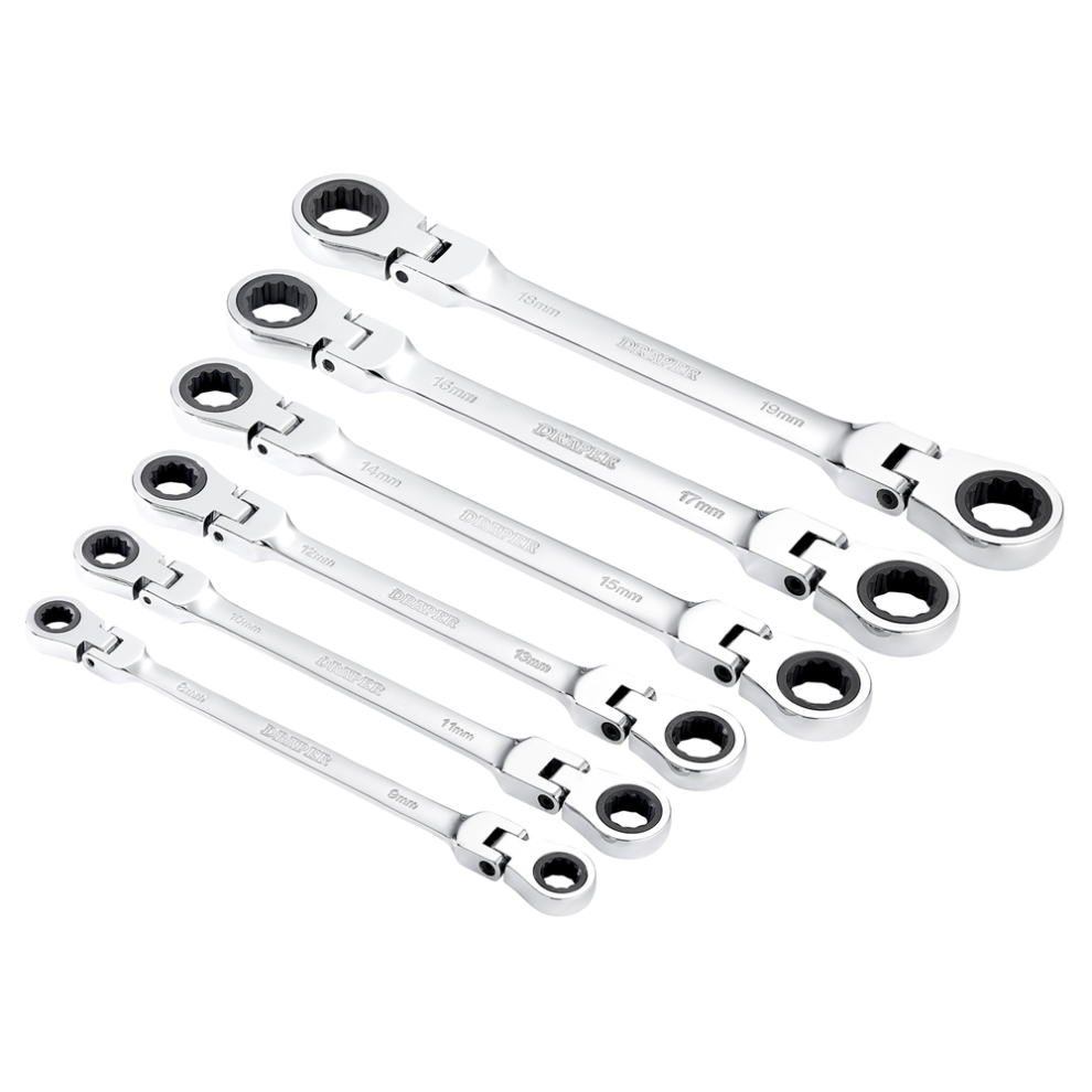 Draper 6PC FLEX RATC RING SPANNER SET 27762 27762 HI-TORQÂ Metric Flexible Head Double Ring Ratchet Spanner Set (6 Piece)