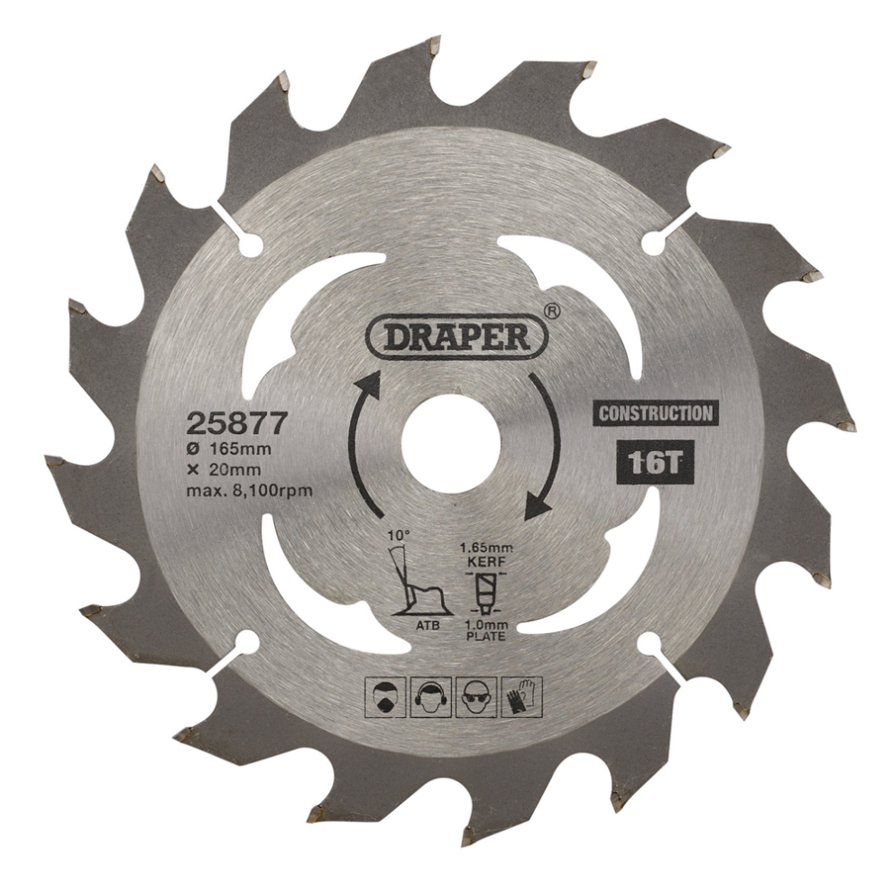 Draper TCT SAW BLADE 165MM 16T CONS 25877 TCT Cordless Construction Circular Saw Blade for Wood & Composites, 165 x 20mm