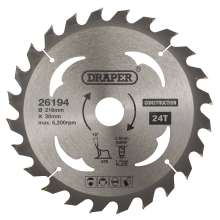 Draper TCT SAW BLADE 216MM 24T CONS 26194 TCT Construction Circular Saw Blade, 216 x 30mm